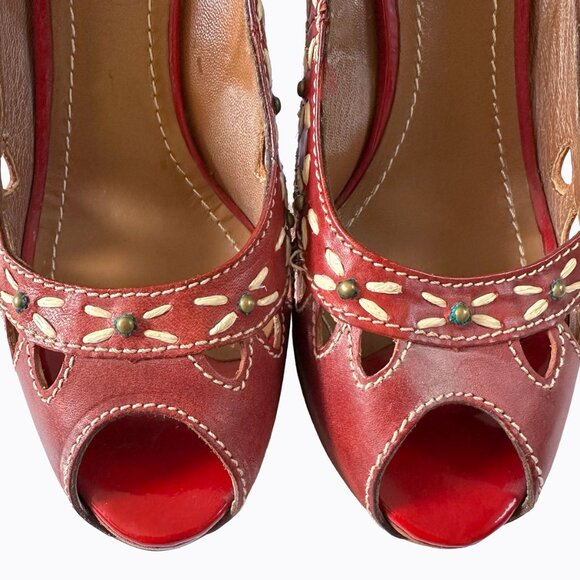 Vintage Kate Kuba Heels Sz 9/9.5 Italian Red Leather Open Toe Western Boho Y2K - Picture 5 of 11